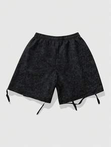 ROMWE MEN 男士朋克印花抽绳腰带短裤，夏季 - 黑色 - 查看 4