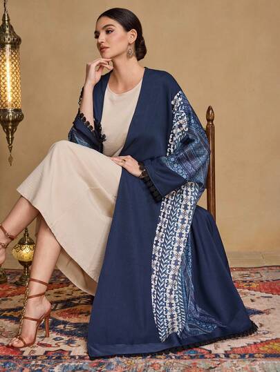 Al Najma Women's Navy Blue Vintage Floral Contrast Lace Trim Long Cardigan Abaya