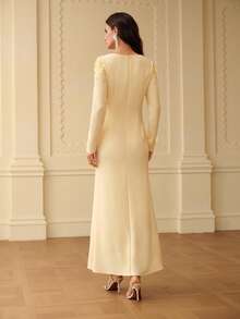 ZEYLAH Off Shoulder Faux Pearl Embellished Long Sleeve Fishtail Dress, Spring/Summer - Pale Yellow - View 3
