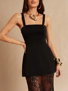 Silquee 两件套黑色露脐紧身吊带背心和蕾丝边迷你裙，适合约会、毕业典礼、音乐会、伴娘礼服、婚礼、浪漫场合，简约风格，优雅日常穿着，露肩黑色连衣裙，吊带背心和薄纱半裙套装 - 黑色 - 查看 7