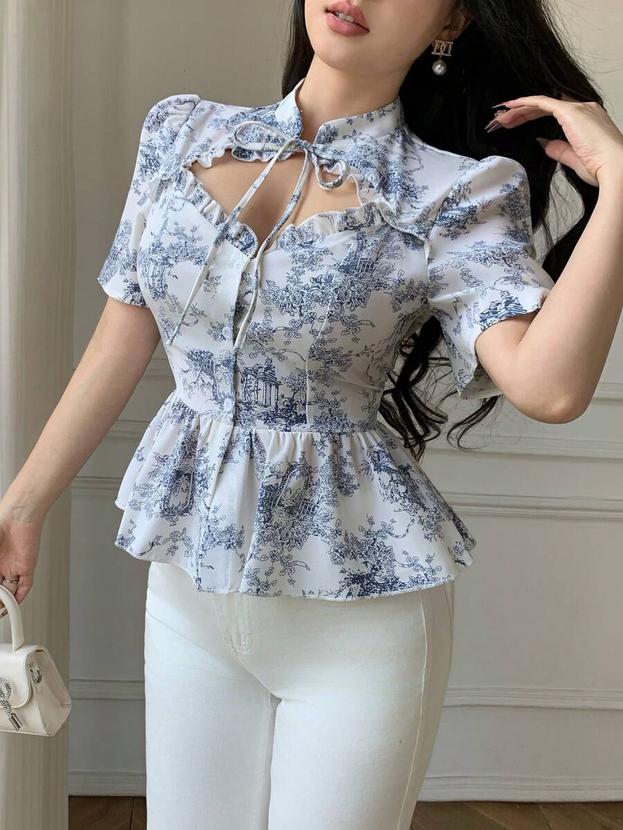 Celisse Women's Elegant All-Over Print Hollow Out Short Sleeve Blouse, Summer - Blue - View 1