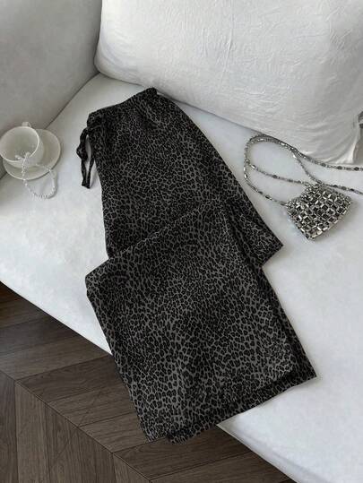 Elamini Nuevos pantalones anchos de pierna negros con diseño de estampado de leopardo vintage elegante, con cintura elástica con cordón, pantalones rectos adelgazantes, uso casual, de vuelta al colegio