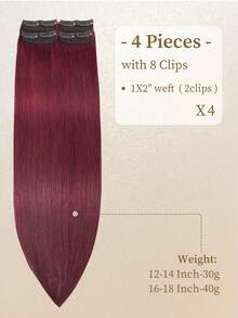 4PCS Straight Clip In Hair Extensions Human Hair, Double Weft Invisible Design With 8 Clips, 99J# Wine Red Premium Remy Hair, 12‑18 Inch, For Full‑Head Volume Boost, Perfect For Women & Girls Daily Wear, Fall Outfits, Halloween And Christmas Holiday - S99J - View 2