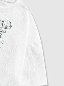 ROMWE MEN Men's Casual Letter & Cross Print Round Neck Short Sleeve T-Shirt, Summer - White - View 6