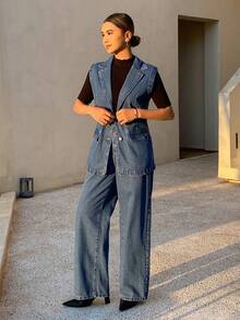 Livesso 女士休闲牛仔背心和裤子套装 - 藍色 - 查看 4