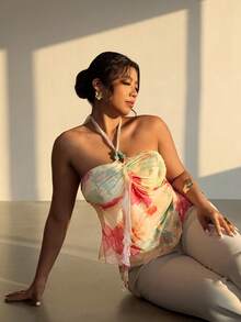 Firerie Camiseta sin mangas con cuello halter, estampado floral y parches, con volantes, para mujer de talla grande - Multicolor - Ver 2