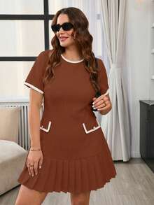 SHEIN Frenchy Plus Size Women Summer Casual Commuting School Style Contrast Binding Pleated Hem Flap Decor Dress - Coffee Brown - View 6
