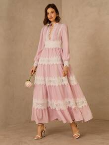 Enchnt Spring/Summer Romantic Women's Pink Floral Embroidery Lace Trim Long Sleeves Maxi Dress,Sweet&Elegant For Vacation&Date&Holiday&Going Out&Valentine's Day,Spring Outfit Women - Pink - View 3