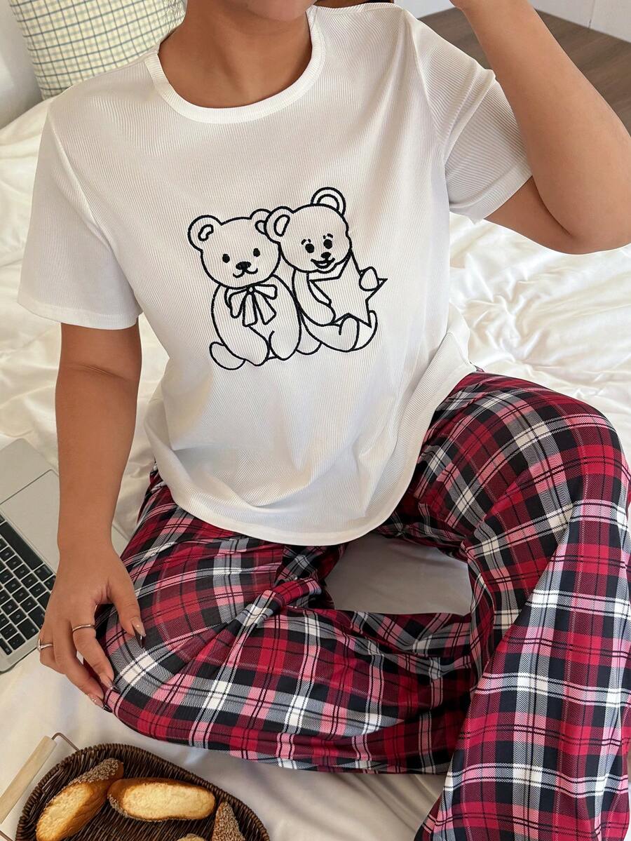 SHEIN Cute Cartoon Print T-Shirt & Plaid Pants Plus Size Pajama Set - White - View 1
