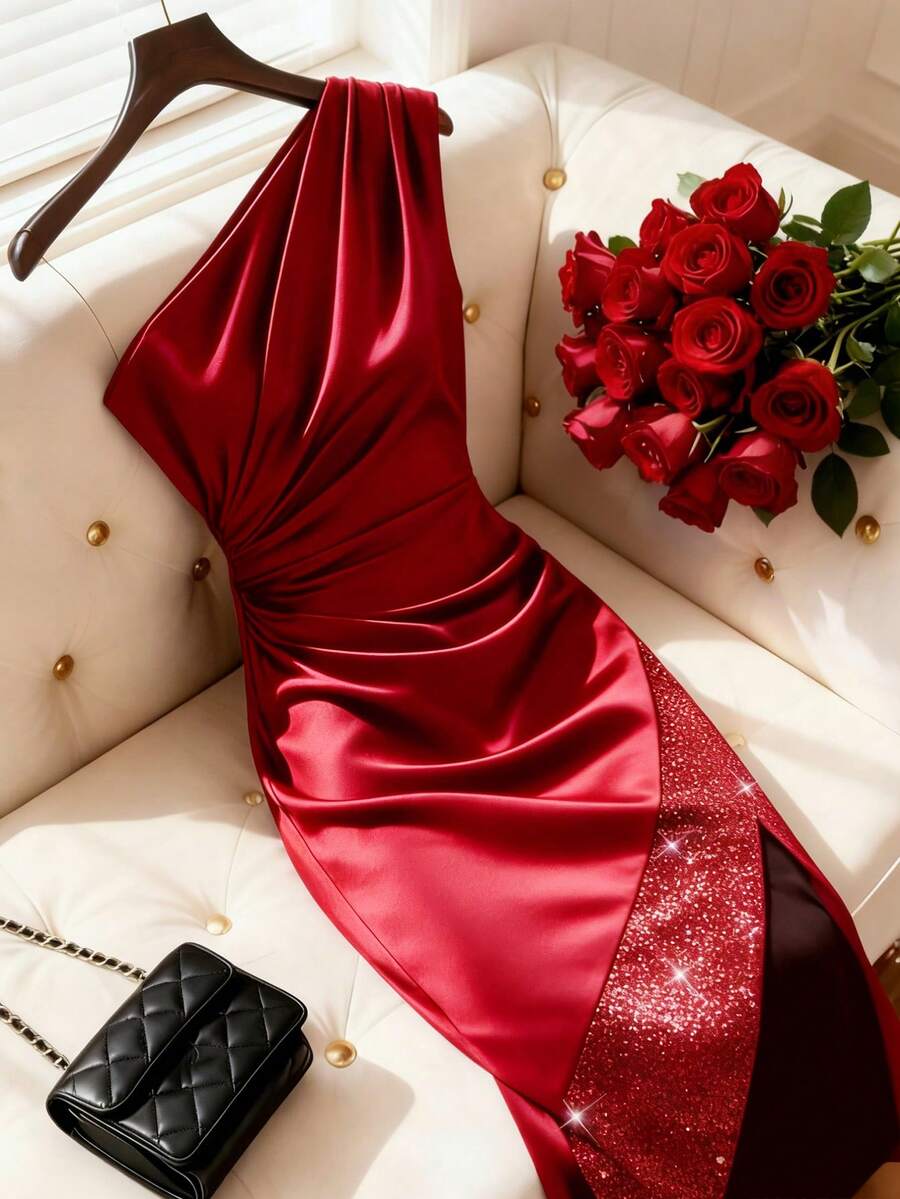 Franclia 女士性感优雅丝绒单肩褶皱收腰修身优雅日常通勤时尚法式街头复古百搭圣诞派对新年假日商务酒红色长袖连衣裙，秋冬款 - 酒紅色 - 查看 1