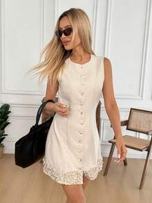 Easowa 女士纯色圆领单排扣休闲无袖迷你连衣裙，休闲服饰 - 杏色 - 查看 3