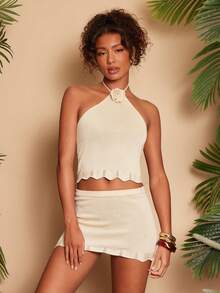 Travachic 女士夏季度假3D立体花卉吊带上衣和迷你裙两件套 - 杏色 - 查看 3