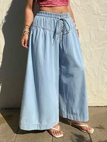 Sunnyshic Quần jean denim dáng rộng cạp cao xếp ly thoải mái có dây rút dành cho nữ cỡ lớn - Màu xanh lam - Xem 6