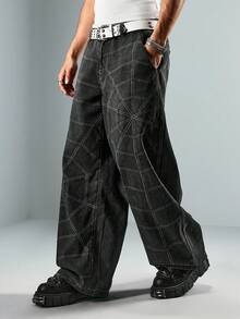 ROMWE MEN Street Life Men's Spider Web Digital Print Buckle Fly Denim Jeans - Black - View 1