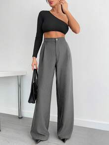 EURMUSE Pleated Loose Casual Straight Leg Striped Pants With Pockets - Light Grey - View 3