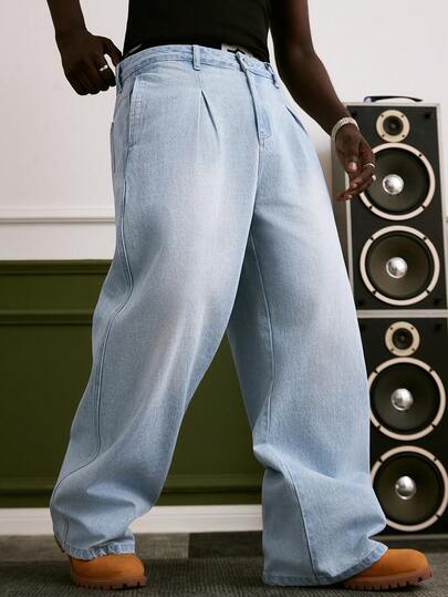 GALLERY FADE Men's Casual Loose Fit Pleated Wide Leg Blue Denim Jeans