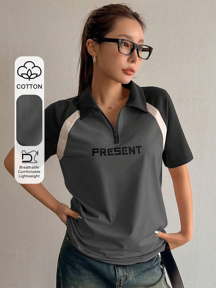 Women's Summer Color-Blocked Letter Print Oversized Short Sleeve T-Shirt Jersey,Graphic Tees