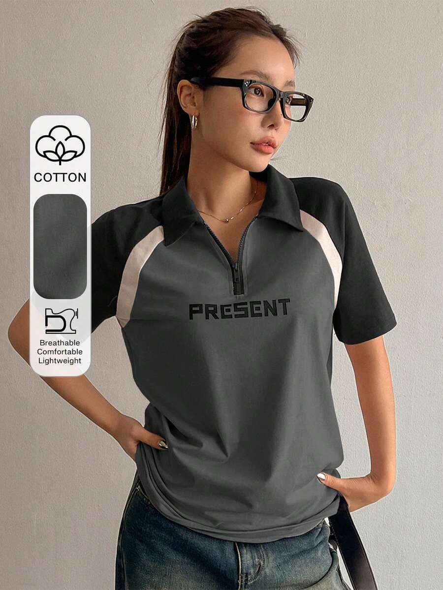 DAZY Camiseta feminina de verão com estampa de letras em blocos de cores e manga curta grande, camiseta de jersey, camisetas gráficas