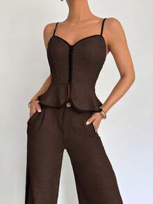 Siren Gaze 女士撞色滚边吊带背心和裤子套装，女士夏季吊带两件套 - 咖啡棕 - 查看 5