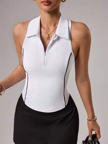 CourtClass Women's Contrast Piping Half-Zip Sleeveless Golf Tank Top - White - View 5