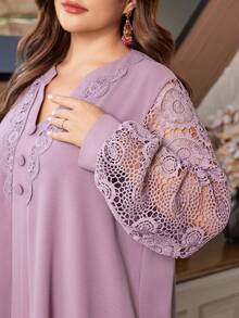 Lacomfia Plus Size Women Lace Patchwork Long Sleeve Loose Casual Dress - Pink - View 4