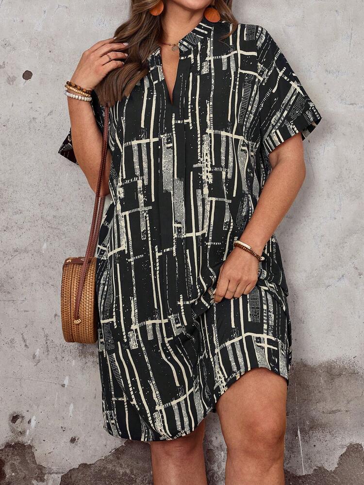 Plus Size Women Geometric Pattern V-Neck Short Sleeve Dress, Summer\Vacation, Short Sleeve Summer Dress