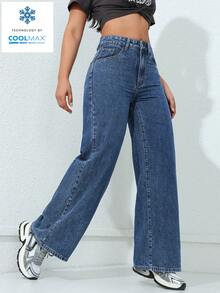 SHEIN ICON Quần jeans ống rộng màu trơn, cạp xéo, kiểu dáng thường ngày, đa năng. - Màu xanh lam - Xem 3