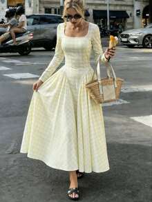 Cévolie 格子方领长袖高腰泡泡袖中长连衣裙 - 黃色 - 查看 1