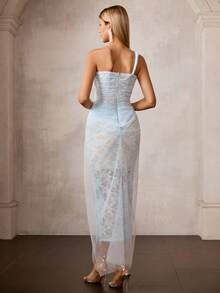 MOTF Soiréza WOMEN'S ELEGANT LONG DRESS WITH LACE EMBROIDERY, PLEATED STRUCTURE DESIGN, SLIM FIT, SUITABLE FOR FORMAL OCCASIONS - Baby Blue - View 4