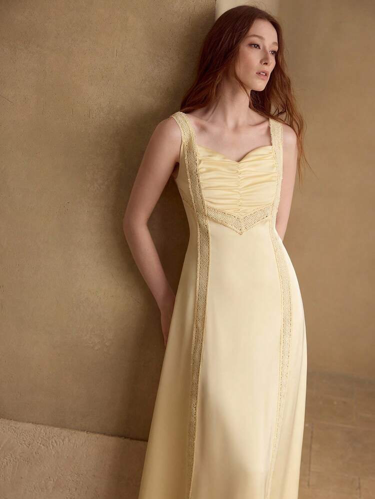 WOMEN'S SPRING/SUMMER SATIN CONTRAST LACE TRIM STRUCTURED A-LINE DRESS