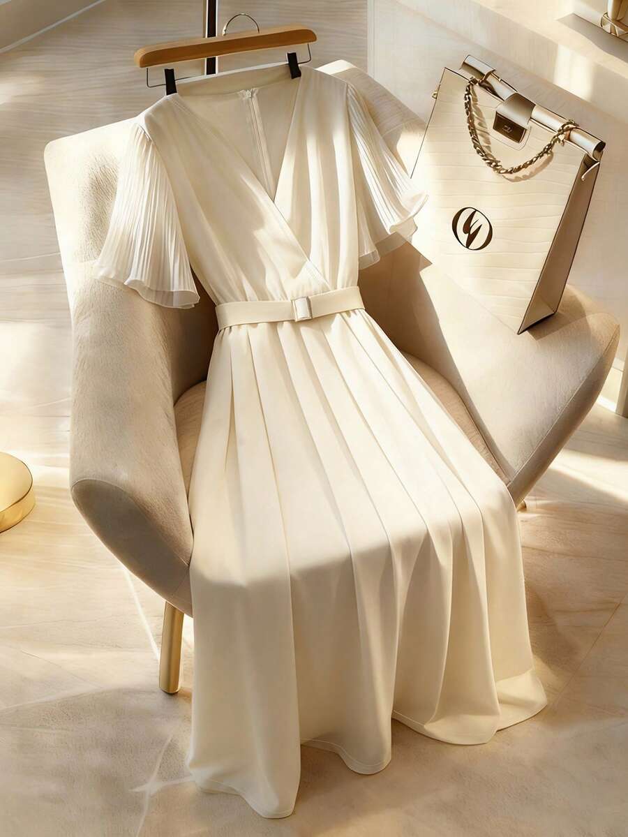 Franclia 女士优雅V领雪纺褶皱摆裙，金属纽扣系腰飘逸连衣裙，春夏款 - 杏色 - 查看 1