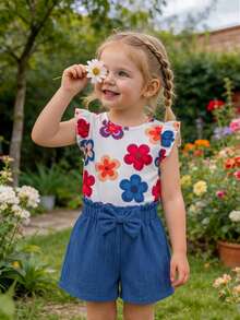 Bộ 2 món cho bé gái mùa hè, gồm áo thun cổ tròn tay bồng in hoa đơn giản và quần short xanh trơn có nơ phía trước, trang phục thường ngày dễ thương. - Màu xanh lam - Xem 1