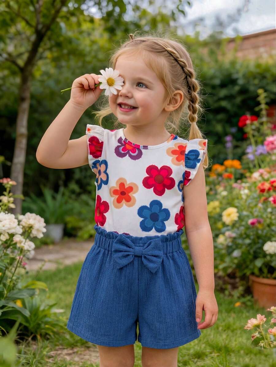 Bộ 2 món cho bé gái mùa hè, gồm áo thun cổ tròn tay bồng in hoa đơn giản và quần short xanh trơn có nơ phía trước, trang phục thường ngày dễ thương. - Màu xanh lam - Xem 1