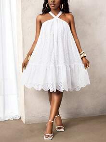 BamGleam Gerafftes Neckholder-Kleid mit weiter Passform und fließendem Stoff, Stickerei aus Baumwolle für Damen, geeignet für Party, Urlaub, Alltag, Frühling/Sommer - Weiss - Übersicht 4
