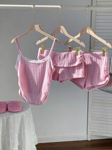 CovetEZ Women's 3-Piece Pink Summer Cute Lace Lounge Set,Sweet Corduroy Camisole,Gathered Shorts & Double-Waisted Leggings,Casual Comfy Vacay Clothing - Pink - View 5