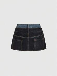 ROMWE Grunge Punk Váy denim ngắn nữ phong cách đường phố Y2K, thiết kế cạp đôi phối đường chỉ tương phản. - Màu xanh lam - Xem 2