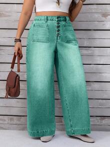 EMERY ROSE Plus Size Women Loose Casual Denim Wide Leg Jeans With Button Front Pockets - Green - View 7