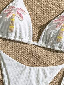 Bộ bikini hai mảnh Swim Mod màu trơn, kiểu cổ yếm, tam giác và quần bơi buộc dây bên hông, gợi cảm, thích hợp cho mùa xuân/hè, phong cách Boho, đi nghỉ mát, họa tiết cây cọ, hai mảnh, đi biển, bikini nhiệt đới, bikini phong cách Boho, bikini vỏ sò, bikini hoa, bikini sao biển. - trắng - Xem 4
