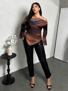 Firerie Áo tay dài cổ lệch bất đối xứng nhuộm màu tie-dye giản dị, thanh lịch và lãng mạn - Một chiếc áo sang trọng và cổ điển dành cho phụ nữ cỡ lớn, hoàn hảo cho các buổi hẹn hò, ngày Valentine, hộp đêm, đám cưới và tiệc cocktail. - Nhiều màu - Xem 3