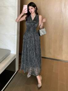 DAZY 女士无袖V领亮片装饰中长连衣裙 - 銀色 - 查看 5