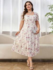 SHEIN Clasi 大码女式印花优雅派对短袖连衣裙 - 彩色 - 查看 5