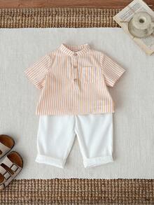 SHEIN 2pcs Baby Boy Cute Casual Striped Polo Collar Shirt And Elastic Waist Striped Casual Pants Set, Suitable For Spring And Summer Wear, Home, Outing And Vacation - Yellow - View 3