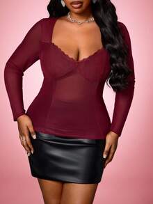 Truni Plus Size Women's Burgundy Semi-Sheer Mesh & Lace Trim Top,Elegant Night Out Club Autumn Sheer Top For Valentine's Day Pear Triangle - Red - View 3