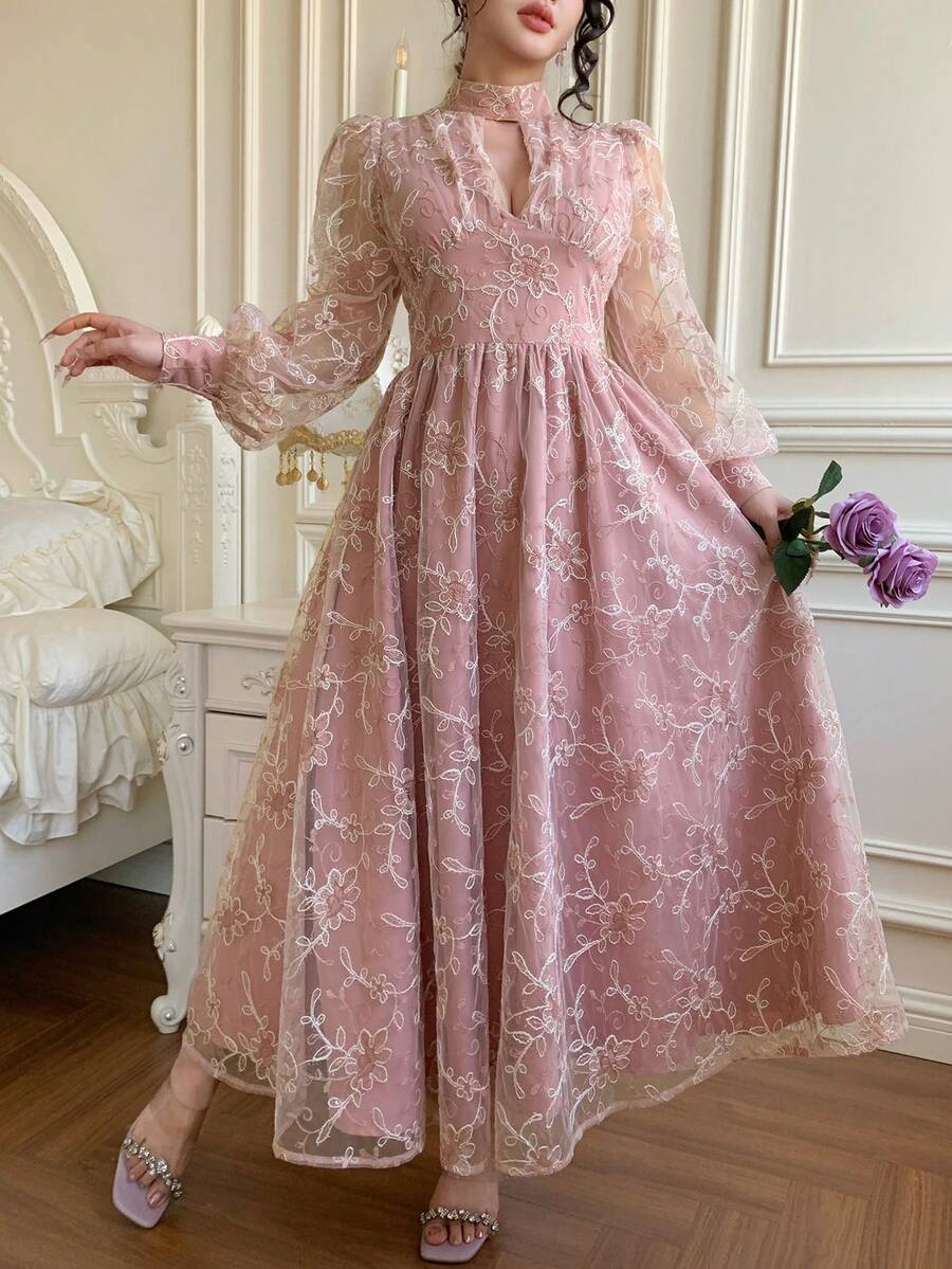 DAZY 春夏印花刺绣优雅长裙，适合情人节、婚礼、派对、正式场合、时尚活动等，修身剪裁，镂空设计，收腰收腰，粉色长款连衣裙 - 粉色 - 查看 1