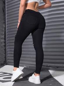 Flexra Women's Pocket Button Decor Casual Versatile Daily Wear Denim Jeans - Black - View 2