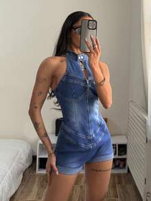 StreetHx 女士性感时尚街头风拉链露背吊带修身牛仔连体裤，夏季 - 藍色 - 查看 6