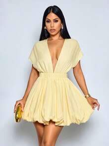 SOLERSUN 女士优雅浅黄色深V领褶皱腰部灯笼迷你连衣裙，春夏女装，完美适用于海滩度假、夏季派对和休闲外出 - 淡黃色 - 查看 4