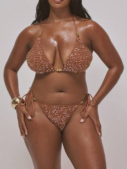 MUSERA Plus Size Beaded Sequin Crochet Triangle Bikini Top Only Spring Summer Easter Cute Holiday Vacation Swim Ibiza Beach Sexy