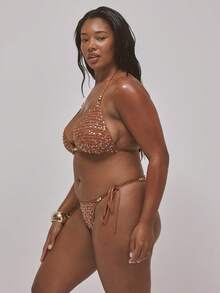 MUSERA 加大码串珠亮片钩编三角比基尼上衣（仅上衣）春夏复活节可爱假日度假泳装伊比沙岛海滩性感节日 - 咖啡棕 - 查看 3