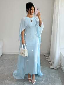 Elenzga Elegant Light Blue Capelet Dress, Dress For Women, Spring/Summer - Baby Blue - View 3